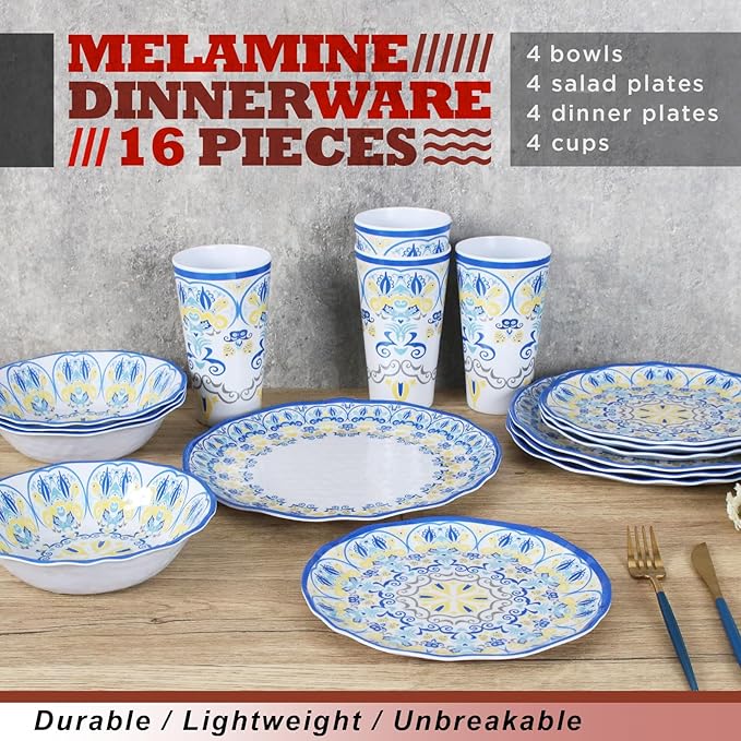 Melamine Dinnerware Set for 4-16 Pcs:Camping Dishes Set with Dinner PlatesSalad Plates Bowls and Cups.Lightweight and Unbreakable.Indoor and Outdoor Use.