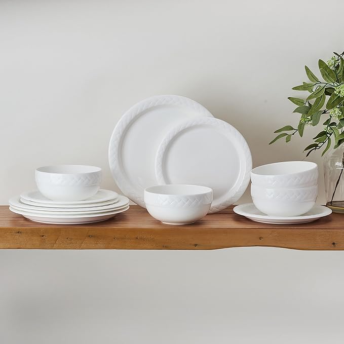 Mikasa Shay Bone China Lightweight Chip Resistant 12 Piece Dinnerware Set Service for 4 White