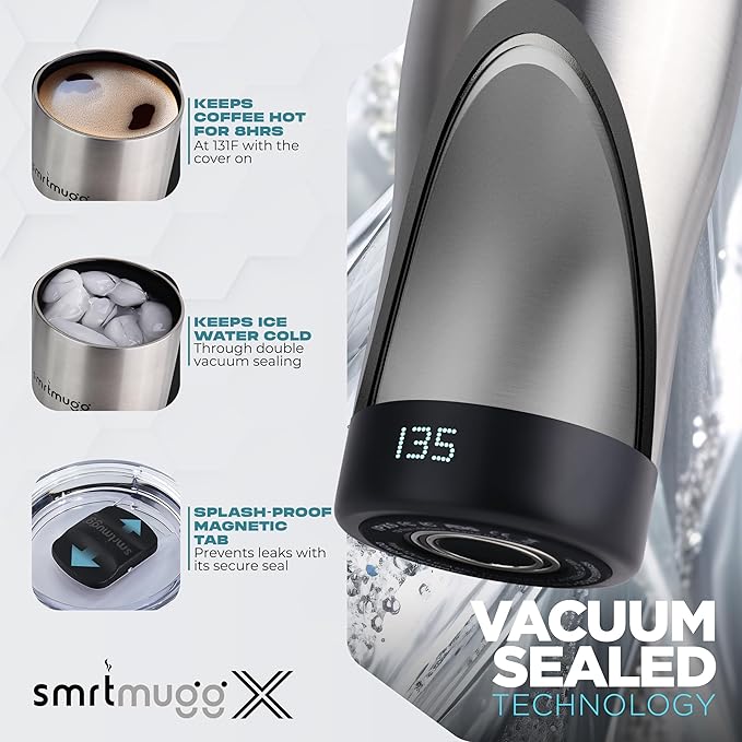 X Heated Coffee Mug 19 oz. 8 Hour Battery Life Self-Heating Adjustable Temp Controlled LCD Screen Includes Cover with Magnetic Slider (Black) (Stainless Steel)