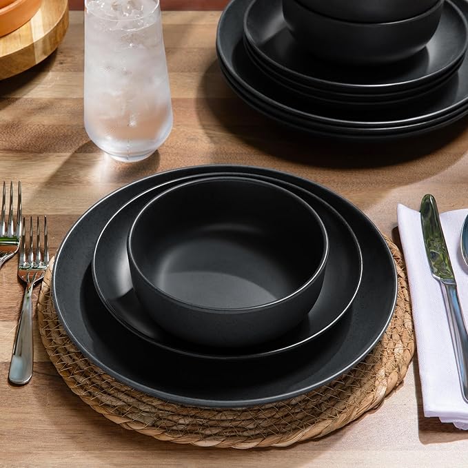 Larder &amp Vine 12-Piece Melamine Dinnerware Set: Durable Lightweight Break-Resistant Plates &amp Bowls – Stylish Non-Toxic Dishwasher Safe – Ideal for Everyday Use Indoor &amp Outdoor Dining