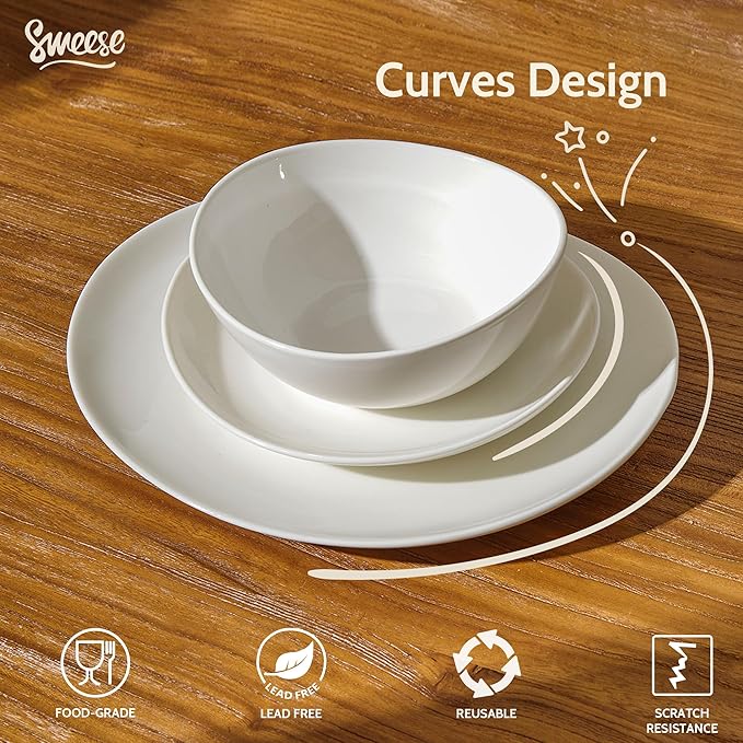 Sweese 18-Piece Dinnerware Sets for 6 Porcelain Plates and Bowls Set Scratch Resistant Dishes Microwave and Oven Safe Dishware Snow White