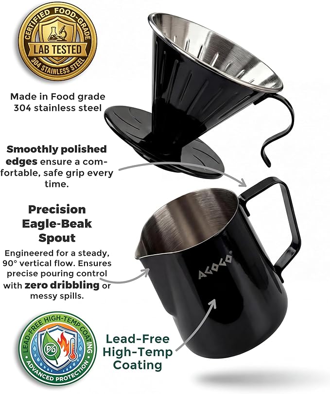 AGOGO Portable Pour Over Coffee Maker V60 Set - Easy Cleaning Compact 304 Stainless Steel Dripper for Camping &amp 50 Filters Paper &amp Barista Towel Black 20oz/600ml