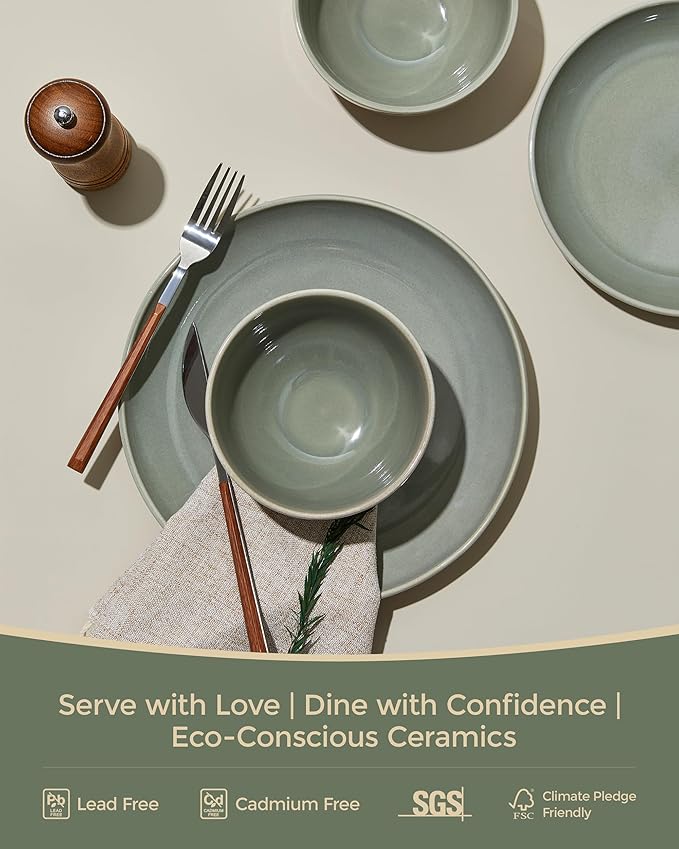 Stoneware Dinnerware Sets Service for 12 36 pcs Reactive Glaze Plates and Bowls Sets Handmade Ceramic Dish Set Highly Chip and Crack Resistant Modern Plate Set Gradient Green