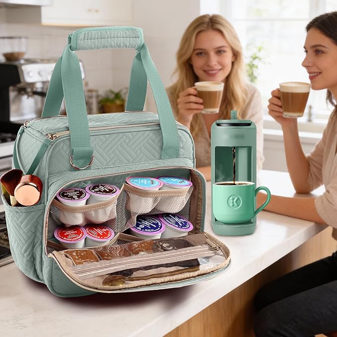 BAGSPRITE Coffee Maker Travel Bag Compatible with Keurig K-Mini Mate Full Open Carrying Case with Quilted Padded Soft Microfiber K--Cup Single Serve Coffee Maker Bag with Pod Organizer Mug Pockets