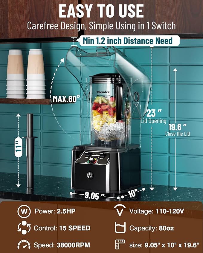 WantJoin Professional Commercial Blender With Shield Quiet Sound Enclosure 2200W Industries Strong and Quiet Professional-Grade Power Self-Cleaning Black