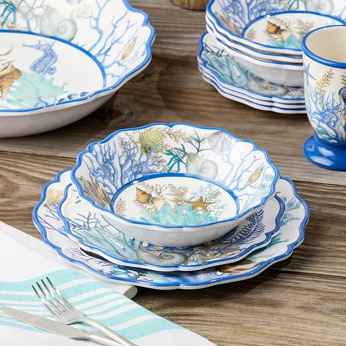 Blue Lagoon Melamine 12-Piece Dinnerware Set – Coastal Coral and Shell Design Service for 4 – 11 Dinner Plates 9 Salad Plates and 28oz Bowls – Durable Lightweight BPA-Free Dishwasher SafE