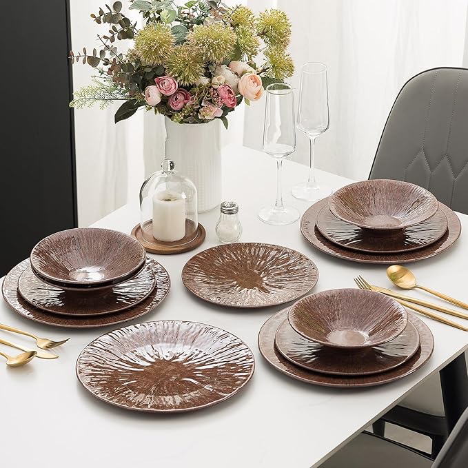 MissYIP 12 Pcs Unbreakable Dinnerware Set - Service for 4 Dishwasher Safe Plates and Bowls - Ideal for Party Camping Indoor &amp Outdoor Use (Brown)