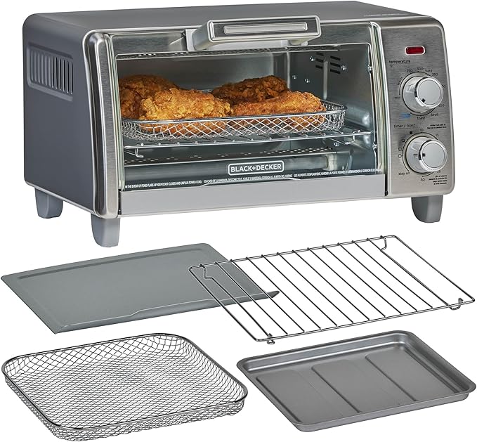 BLACK+DECKER Crisp 'N Bake Air Fry Countertop Convection Toaster Oven Medium Capacity 4-Slice 5-in-1 Fits 9” Pizza 30-Min Timer Bake Broil Air Fry Toast Keep Warm Stainless Steel