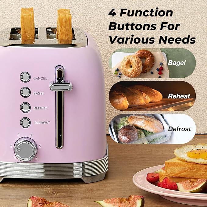 Toaster 2 Slice Retro Stainless Steel with 1.5” Extra Wide Slots Bagel Defrost Reheat Cancel Functions 6 Bread Shade Settings Removable Crumb Tray Pastel Pink