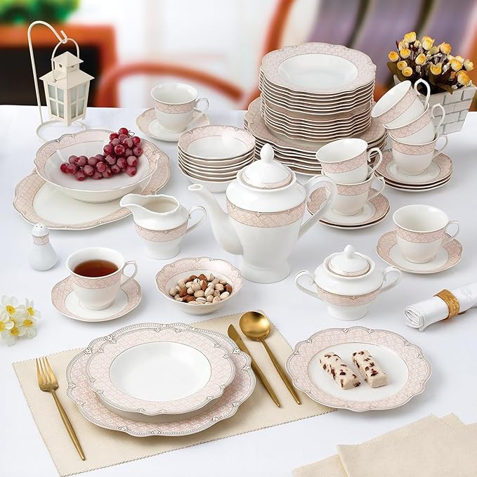 Bone China Dinnerware Set Alexandra 8-person 57-piece Blush Pink and Gold Color