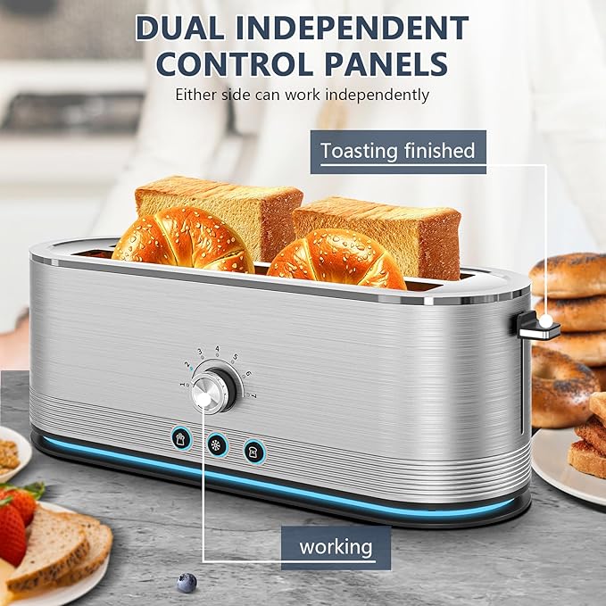 Toaster 4 Slice Wide Slot Toaster Long Slot with Warming Rack 6 Browning Settings Bagel/Defrost Functions Removable Crumb Tray (Silver)