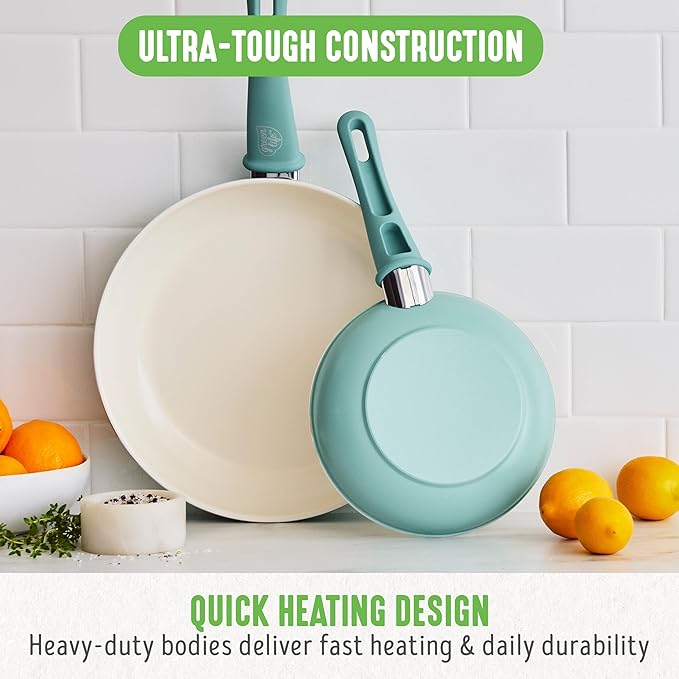 GreenLife Soft Grip Healthy Ceramic Nonstick Cookware Set 7 10 and 12 Frying Pan Skillets 1QT and 2QT Saucepans with Lids PFAS &amp PFOA-Free Dishwasher Safe Turquoise