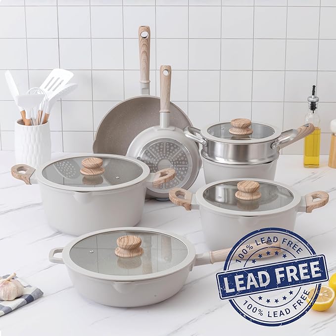 Country Kitchen Non-Stick Cast Aluminum Cookware Set - Durable Kitchen Cookware for Everyday Cooking Cream Round Handle 11 Pc.