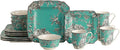 222 Fifth Adelaide 16-Piece Square Floral Dinnerware Set – Service for 4 Turquoise Porcelain Plate Bowl &amp Mug Set Chip Resistant for Everyday Dining &amp Entertainment Microwave &amp Dishwa