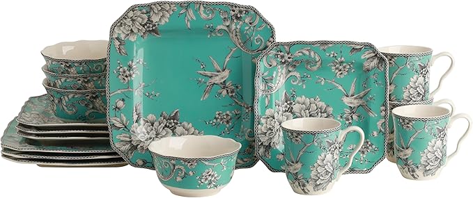 222 Fifth Adelaide 16-Piece Square Floral Dinnerware Set – Service for 4 Turquoise Porcelain Plate Bowl &amp Mug Set Chip Resistant for Everyday Dining &amp Entertainment Microwave &amp Dishwa