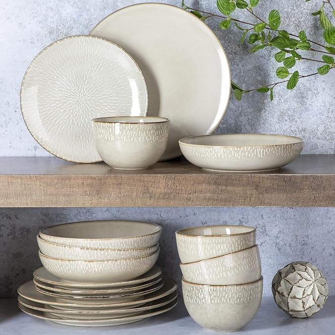 16 Piece Stoneware Dinnerware Set – Reactive Glaze Plates and Bowls Hand-Painted Artisan Design Dishwasher &amp Microwave Safe Service for 4 (Cream)