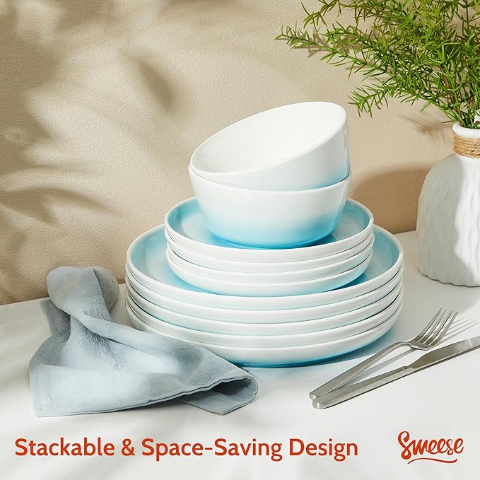Sweese Porcelain Dinnerware Sets Handpainted Plates and Bowls Set for 6 Scratch Resistant Dinner Set Dishwasher and Oven Microwave Safe Dishes Set Blue