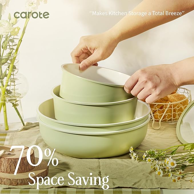 CAROTE 25-Piece Ceramic Cookware Set Nonstick Pots and Pans Set with Detachable Handle Non-Toxic Kitchen Cooking Set Dishwasher &amp Oven Safe Induction Compatible PFAS Free Green