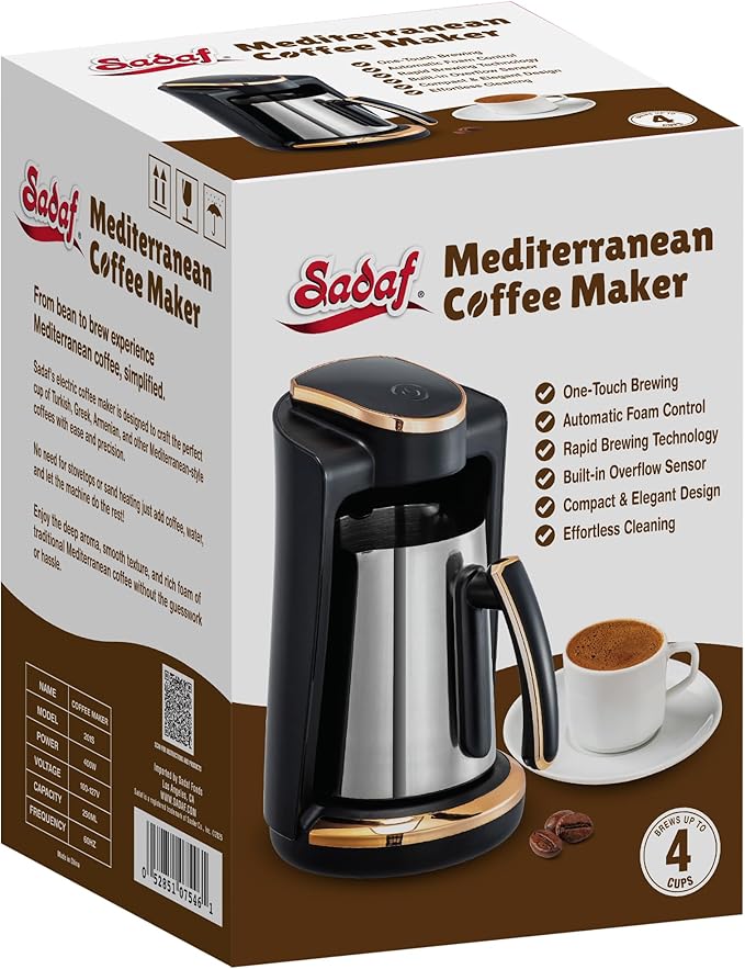 Sadaf One-Touch Mediterranean Coffee Maker – Electric Turkish Greek and Armenian Coffee Machine - Stainless Steel Coffee Maker - Foam Control &amp Overflow Sensor - Middle Eastern Cuisine - 250ml