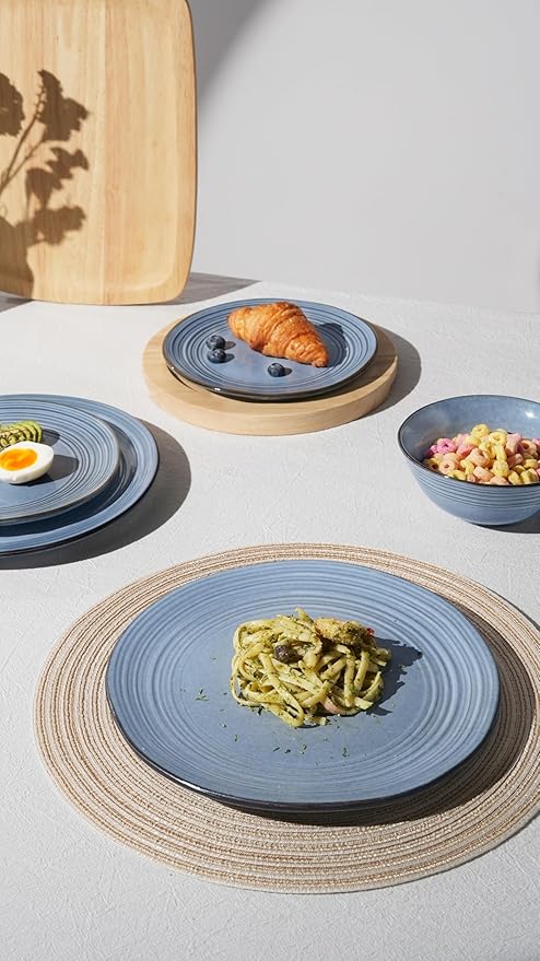 Famiware Plates and Bowls Sets 24-Piece Stoneware Dinnerware Sets Dishes Set for 8 Hand-made Reactive Glaze Dish Set Twilight Series Blue