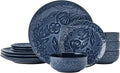 Paltzgraff Garden Elegance 12 Piece Floral Stoneware Dinnerware Plate Bowl Dish Set Service for 4 Blue