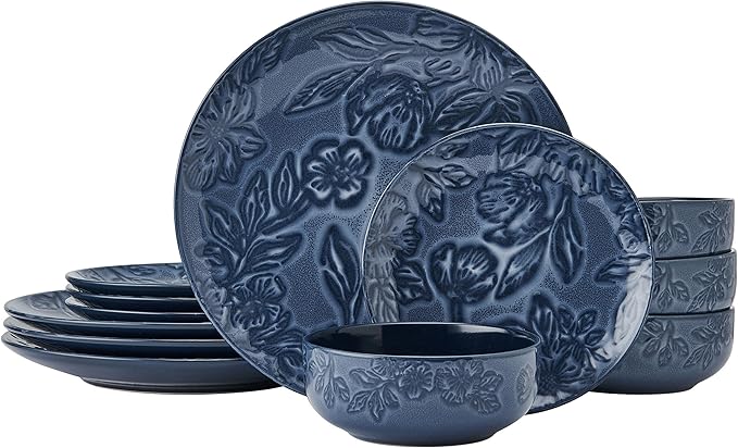 Paltzgraff Garden Elegance 12 Piece Floral Stoneware Dinnerware Plate Bowl Dish Set Service for 4 Blue