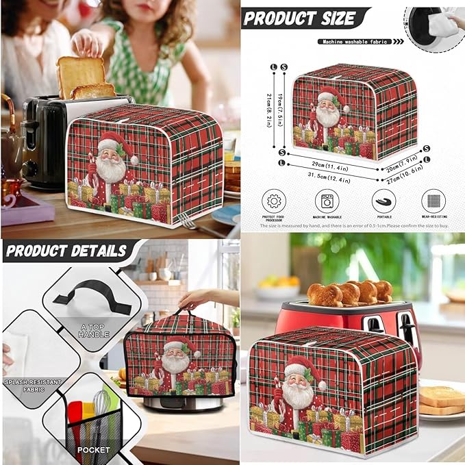 Santa Plaid Pattern Toaster Covers 4 Slice Wide Slot3Pcs Set Christmas Bread Machine Cover Slow Cookers Cover Blender Covers with Top Handle and Accessories Pocket Counter Decor (Red)