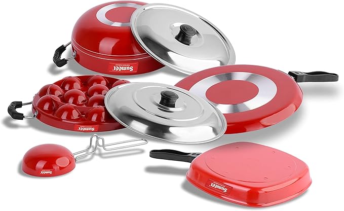 Sumeet 2.6mm Thick Non-Stick Jolet Cookware set (Dosa Tawa – 26.5cm Dia + Kadhai With Lid – 1.5Ltr capacity + Grill Appam Patra With Lid – 23cm Dia + Grill Pan – 1.1Ltr + Tadka Pan – 10cm Dia)