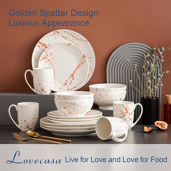 LOVECASA White Dinnerware Sets for 4 16 Piece Porcelain Dish Set Plates and Bowls Sets Gold Splash Glaze Ceramic Dinner Set with Mugs Dishwasher Microwave Safe