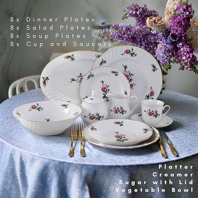 Lynns Paradise 45-Piece Vintage Rose Dinnerware Set 24K Gold Trim | Embossed Swirl Floral Plates &amp Bowls | Apartment Essentials | Home Kitchen Dinner Accessories