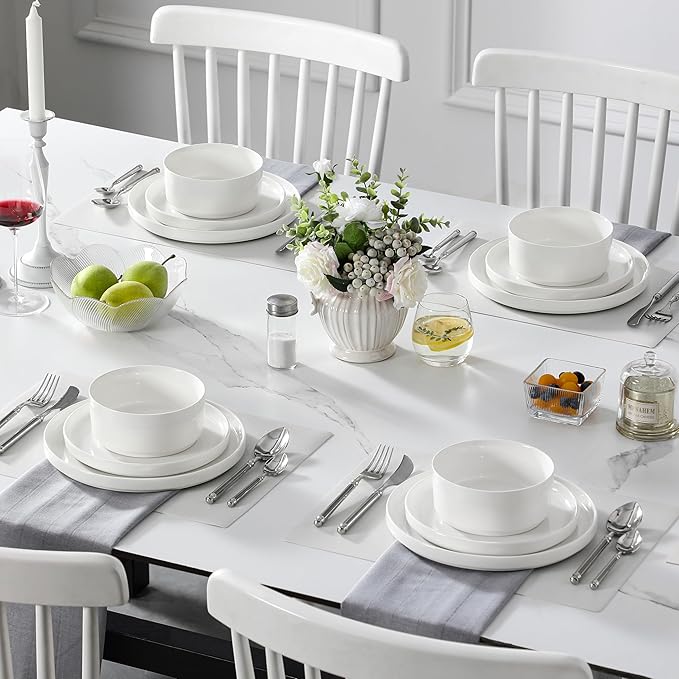 MALACASA 12 Pieces Porcelain Dinnerware Set Bundles 8.85 Large Pasta Bowls Set of 4