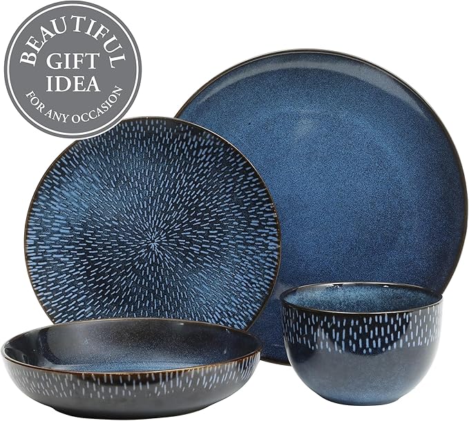 Gibson Elite Matisse 16-Piece Dinnerware Set – Double Bowl Reactive Glaze Cereamic Stoneware in Blue – Plates and Bowls Sets for 4 Microwave &amp Dishwasher Safe Rustic Modern Design