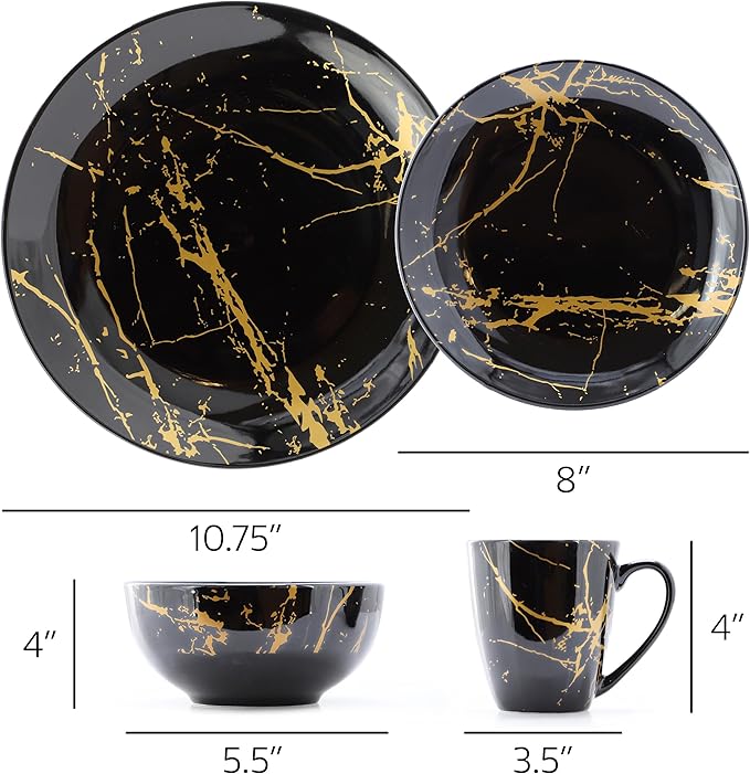 Elama Fine Marble 16 Piece Glossy Round Porcelain Dinnerware Set Black and Gold Tableware Set Serveware Set (Black)