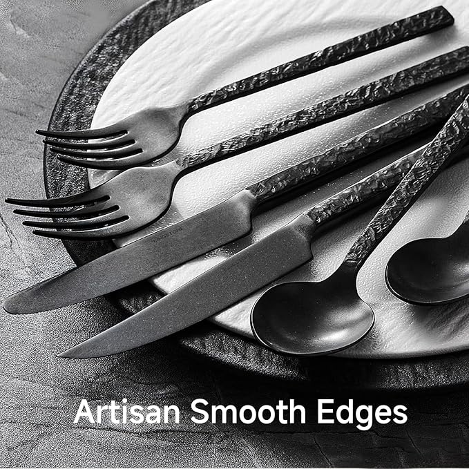 KINGSTONE 24 Pcs Black Hammered Silverware Set with Steak Knives for 4 18/10 Stainless Steel Heavy Duty Flatware Set Tableware Cutlery Utensil Sets for Home Restaurant Dishwasher Safe