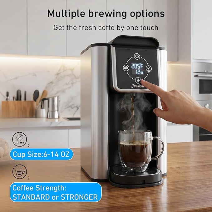 Jesslyn Single Serve Coffee Maker with Bold Setting 52oz Removable Water Tank Compatible with Coffee Pods &amp Grounds 6-14oz Adjustable Brew Sizes Includes Reusable Filter (Black)