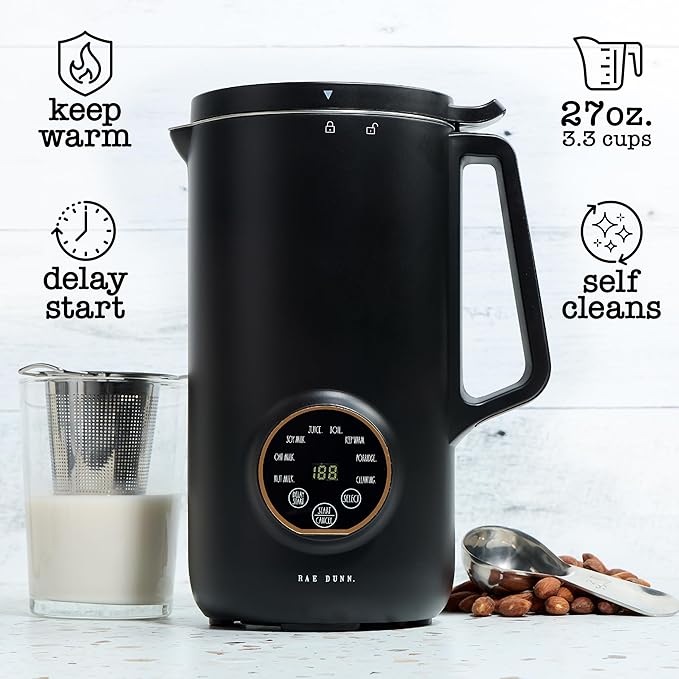 Rae Dunn 8-in-1 Nut &amp Plant Milk Maker – Almond Oat Soy &amp More – 800ml Cold / 700ml Hot – Automatic Delay Start Self-Clean – Includes Stirrer Measuring Cup &amp Brush Black