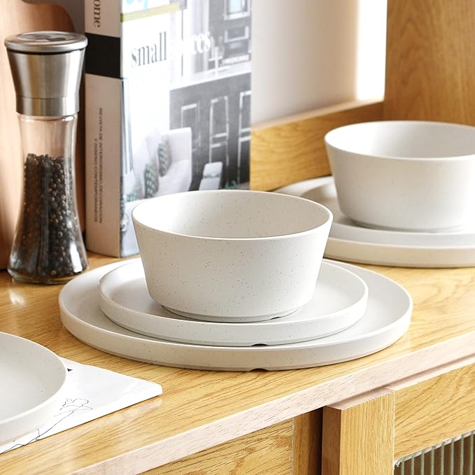 FINE&ampNICE 12PCS Melamine Dinnerware Sets Outdoor Dinnerware Sets for 4Durable Camper DinerwareLightweight Dishwasher Safe and BPA Free(Spotty White)