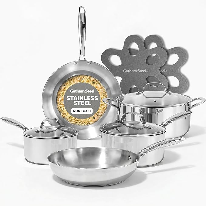 Gotham Steel 10 Pcs Tri Ply Stainless Steel Cookware Set Pots and Pans Set with Induction Bottom Made Without PTFE PFOA PFOS Metal Utensil Safe Oven and Dishwasher Safe