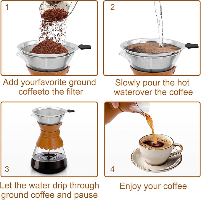 34oz Pour Over Coffee Maker with Double Layer Stainless Steel Filter Borosilicate Glass Dripper Detachable Heat-Resistant Leather Pad 7-8 Cups Coffee Maker Carafe（Light brown）