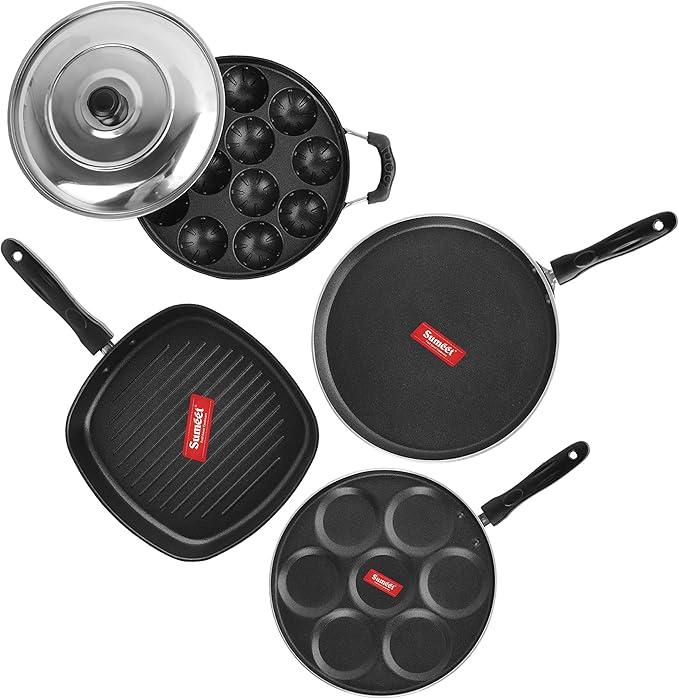 Sumeet 2.6mm Thick Non-Stick Sorrell Cookware set (Dosa Tawa – 26.5cm Dia + Multi snack maker – 26.5cm Dia + Grill Appam Patra With Lid – 23cm Dia + Grill Pan – 1.1Ltr Capacity – 22cm Dia)