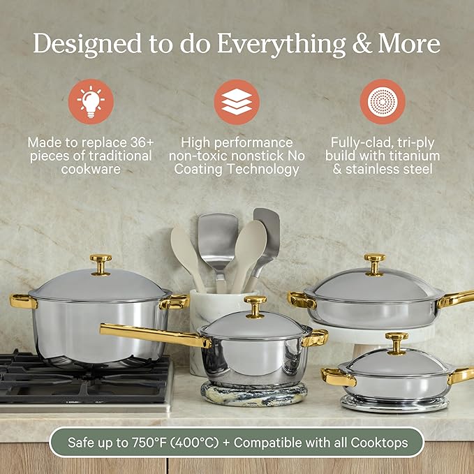 Our Place Titanium Pro Cookware Set | 10-Piece Pots and Pans Set with Always Pan Pro Perfect Pot Pro &amp Minis | Non-Toxic No-Coating Nonstick | Induction &amp Oven-Safe up to 750°F | Gold