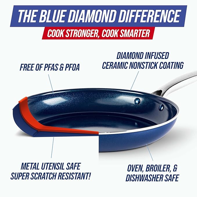 Blue Diamond 9 Piece Nonstick Cookware Set Diamond Ceramic Pots &amp Pans Dishwasher &amp Metal Utensil Safe Non Toxic PFAS-Free Kitchen Cooking Sauce &amp Saute Pans Oven &amp Broiler to 600