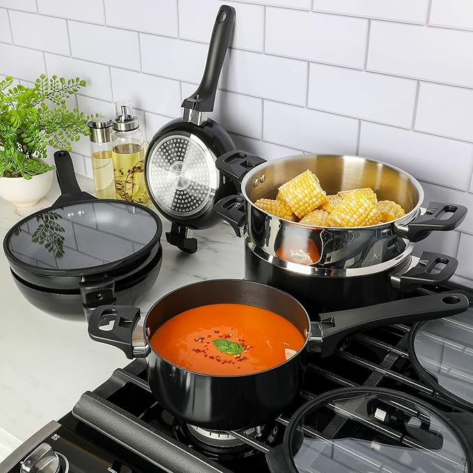 Kenmore Elite Grayson Stackable Platinum Nonstick Forged Aluminum Induction Cookware Set 9-Piece Black