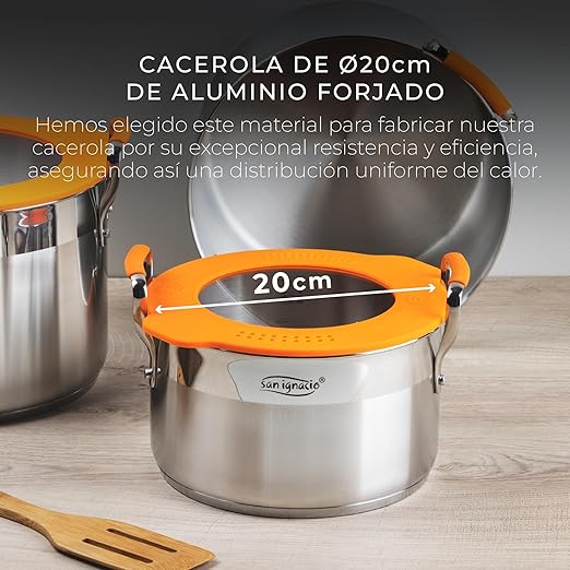 SAN IGNACIO Compact Stainless Steel Pot Set 5 Pieces Contains 2 Pots with 20 and 24 cm and 1 Saucepan with 16 cm Cooking Pot Set for All Hob Types