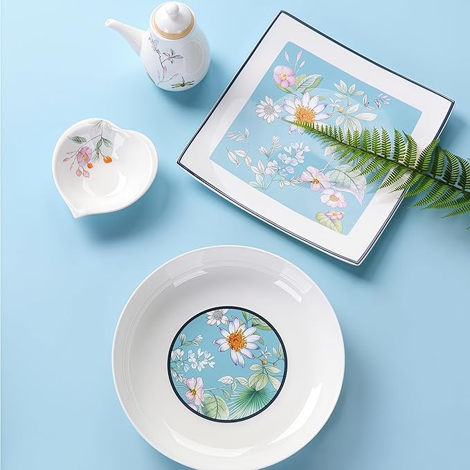 Fine Bone China Dinnerware SetPorcelain&ampCeramic Dinnerware SetsBone Stoneware&ampCeramic Cookware Tableware Set Includes Dinner Plates|Spoons|Pasta Bowls|Soup Pot|Chopsticks (32PCS * 6-Person S