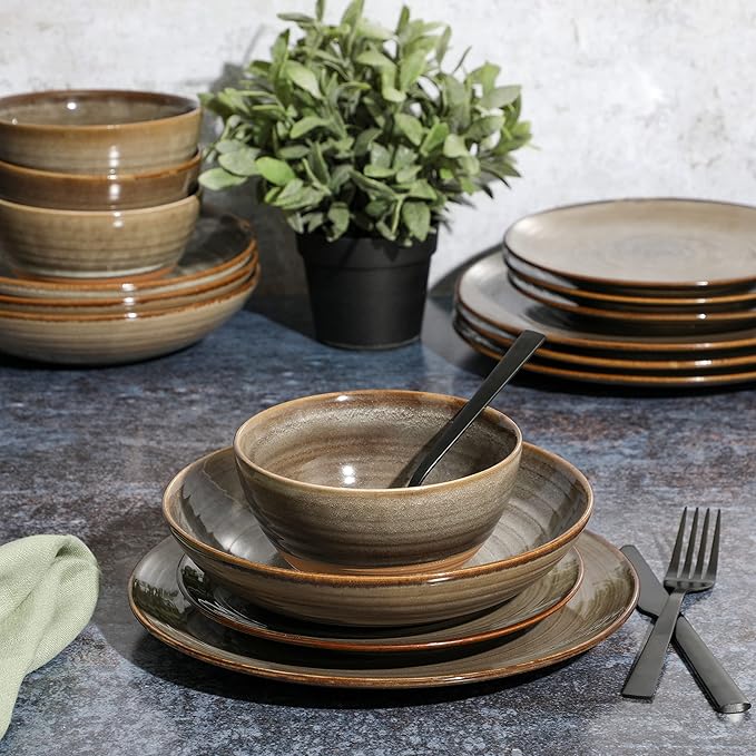Gibson Elite 16 Piece Dreamweaver Double Bowl Terracotta Reactive Dinnerware Set - Earthy Brown Service for 4 (16pcs)