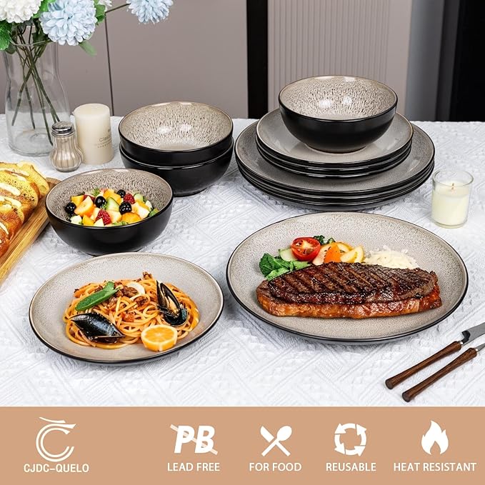 Plates and Bowls Sets for 4 - CJDC-QUELO 12-Piece Stoneware Dinnerware Sets Ceramic Dishware Set for Kitchen Use and Formal Dining Chip and Scratch Resistant Microwave Dishwasher Safe Brown
