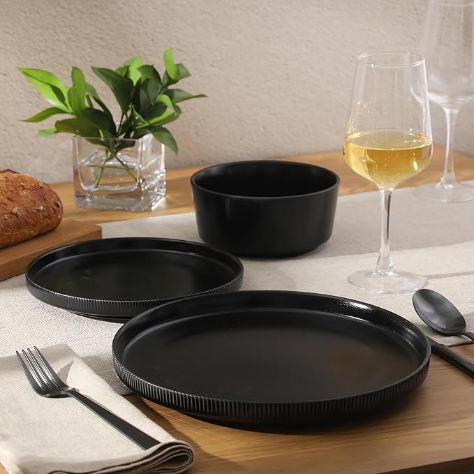 Gibson Home Dempsey Road 12-Piece Stoneware Dinnerware Set – Service for 4 Round Black Plates and Bowls Durable Solid Color Modern Embossed Dish Set Microwave &amp Dishwasher Safe