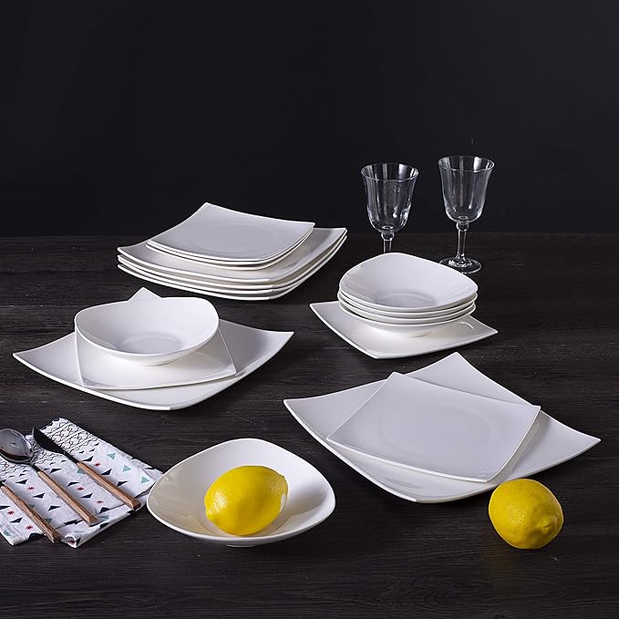 Bone China Square Shape Elegance White 18pc Dinnerware Set