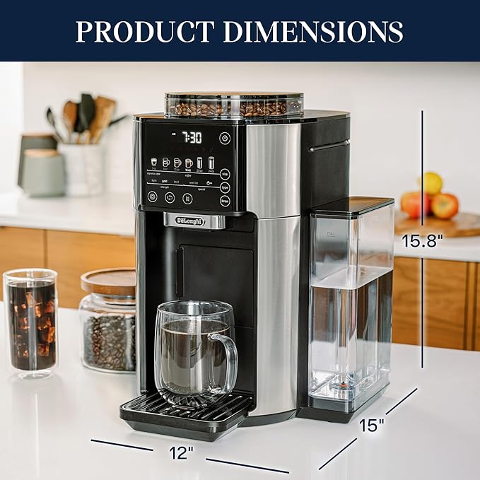 De'Longhi True Brew Drip Coffee Maker Built in Grinder Single Serve 8 oz to 24 oz Hot or Iced Coffee Stainless CAM51025MB